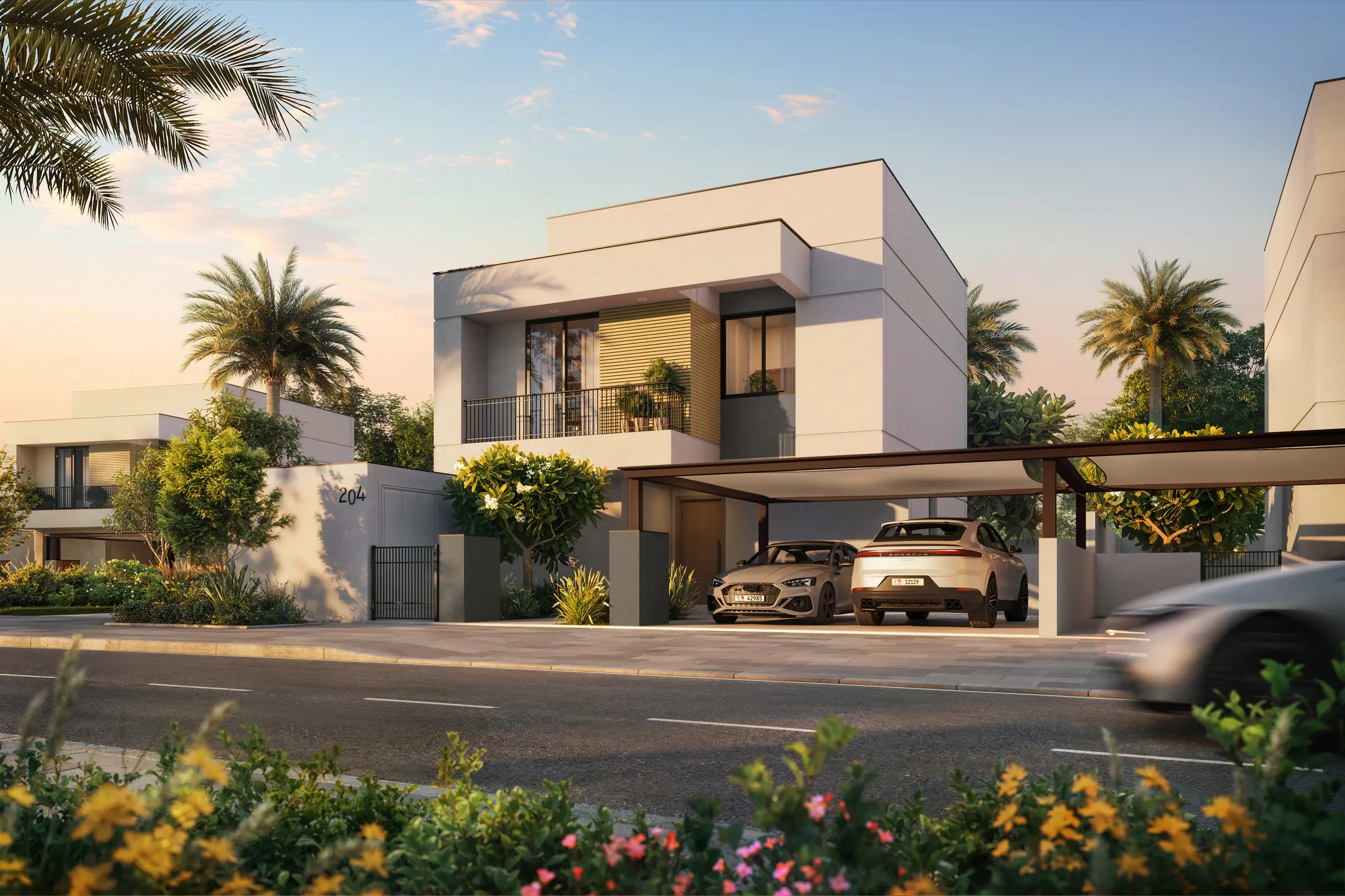 Al Ghadeer Gardens villa at golden hour, render