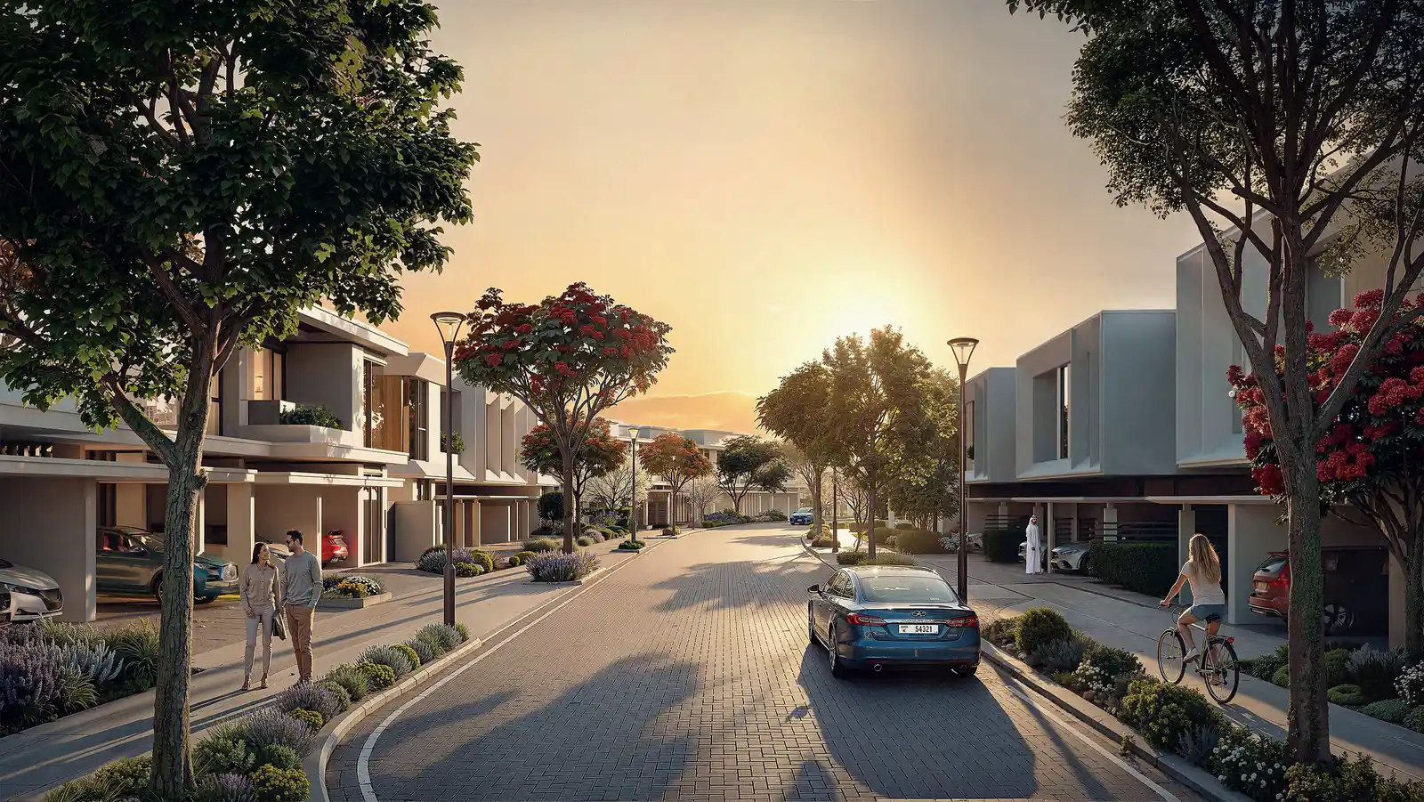 Azizi Florence, render of a townhouse street at golden hour