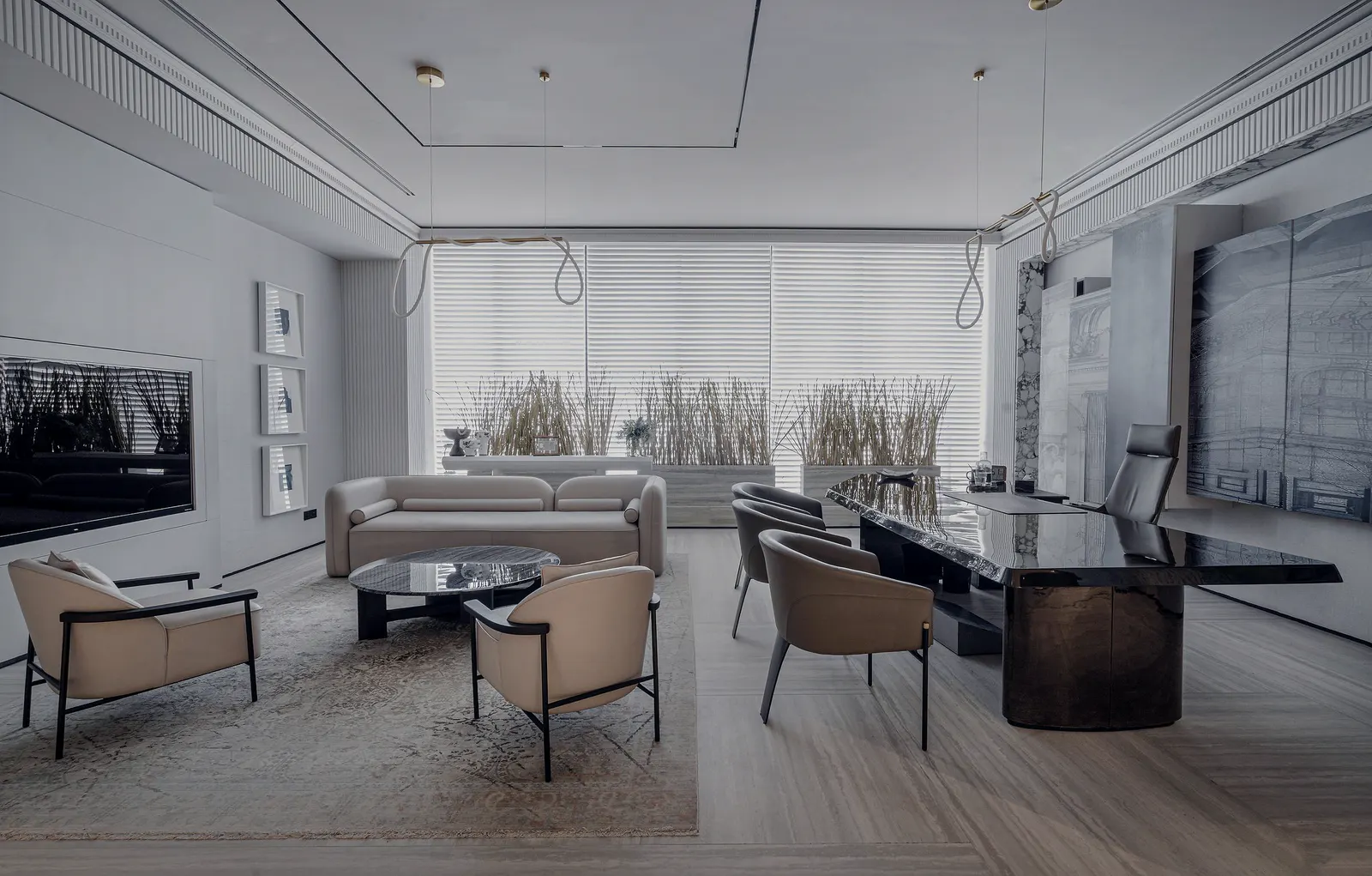 Warm, low-lit office interior with wood and brass